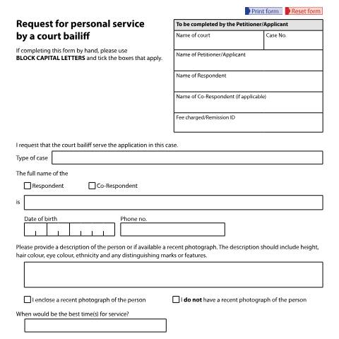 Document preview: Form D89: Request for personal service by a court bailiff (applications issued before April 2022) — HM Courts & Tribunals Service, United Kingdom