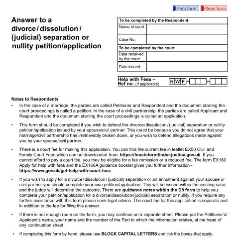 Document preview: Answer a divorce, dissolution, (judicial) separation or nullity petition or application (applications issued before April 2022): Form D8B — HM Courts & Tribunals Service, United Kingdom