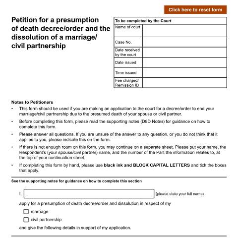 Document preview: Form D8D: Petition for a presumption of death decree/order and the dissolution of a marriage/civil partnership — HM Courts & Tribunals Service, United Kingdom