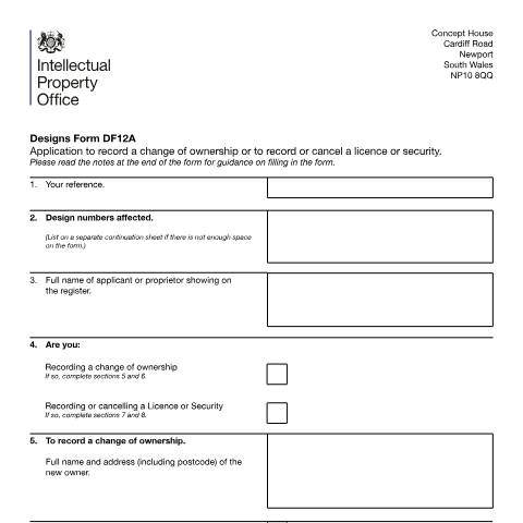 Document preview: Record/cancel a change of ownership, licence or security — Intellectual Property Office, United Kingdom