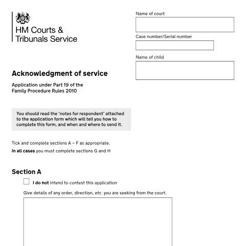 Document preview: Acknowledgment of service (application under Part 19 of the Family Procedure Rules 2010): Form FP5 — HM Courts & Tribunals Service, United Kingdom