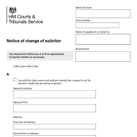 Document preview: Tell the court about changes to a person’s legal representation: Form FP8 — HM Courts & Tribunals Service, United Kingdom