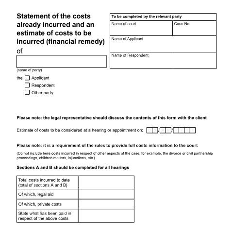 Document preview: Estimate of costs for a financial remedy hearing: Form H — HM Courts & Tribunals Service, United Kingdom