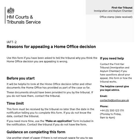 Document preview: Reasons for appealing a Home Office decision: Form IAFT-2 — HM Courts & Tribunals Service, United Kingdom