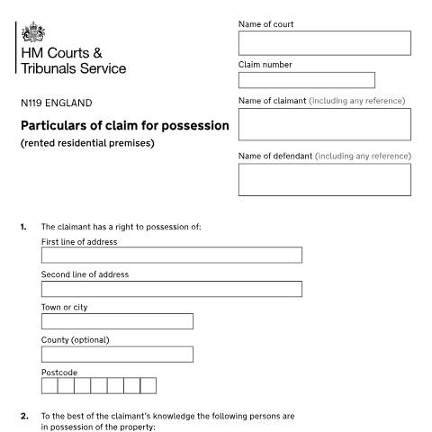 Document preview: Give details of a claim for possession of a rented residential property: Form N119 — HM Courts & Tribunals Service, United Kingdom