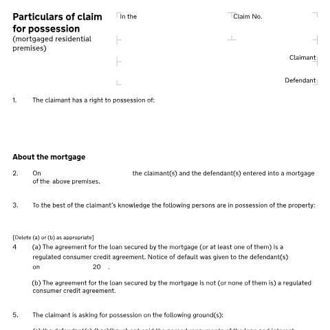 Document preview: Form N120: Particulars of claim (Mortgaged residential premises) — HM Courts & Tribunals Service, United Kingdom