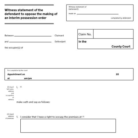 Document preview: Form N133: Witness Statement of the defendant to oppose the making of an interim possession order — HM Courts & Tribunals Service, United Kingdom