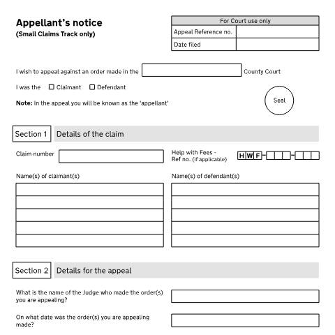 Document preview: Form N164: Appeal an order in a case allocated to the small claims track — HM Courts & Tribunals Service, United Kingdom
