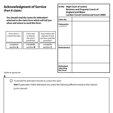 Document preview: Acknowledge service of a CPR Part 8 claim in the London Commercial Court: Form N210(LCC) — HM Courts & Tribunals Service, United Kingdom