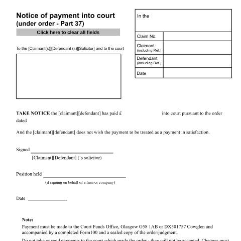 Document preview: Form N242: Notice of payment into court (Under order - part 37) — HM Courts & Tribunals Service, United Kingdom