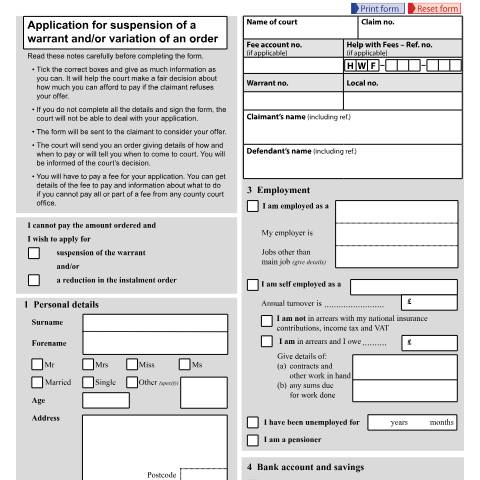 Document preview: Apply to suspend a warrant or vary payments made by a court order: Form N245 — HM Courts & Tribunals Service, United Kingdom