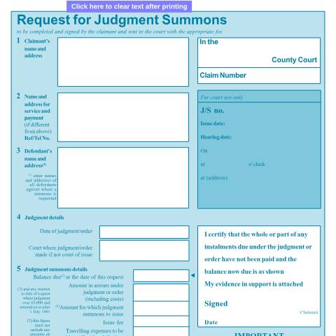 Document preview: Request a judgment summons: Form N342 — HM Courts & Tribunals Service, United Kingdom