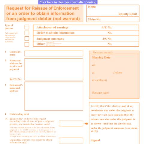 Document preview: Request to reissue an enforcement or for an order to obtain information: Form N446 — HM Courts & Tribunals Service, United Kingdom