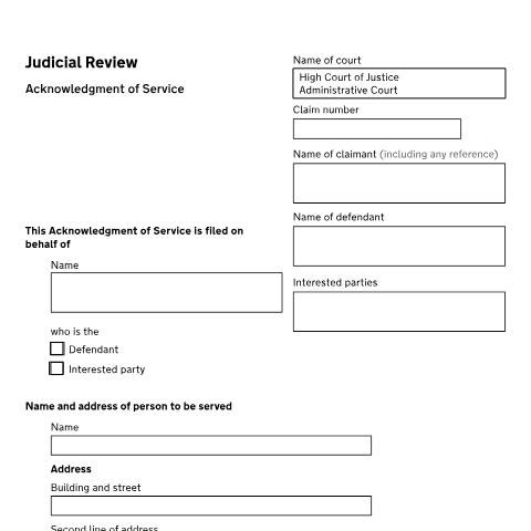 Document preview: Acknowledge service of a judicial review application: Form N462 — HM Courts & Tribunals Service, United Kingdom