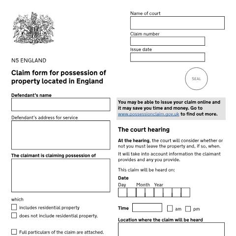 Document preview: Make a claim for possession of a property: Form N5 — HM Courts & Tribunals Service, United Kingdom