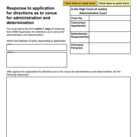 Document preview: Respond to an application as to the venue for administration and determination: Form N645 — HM Courts & Tribunals Service, United Kingdom