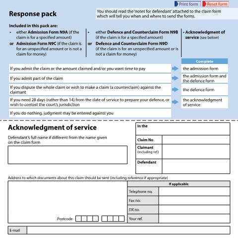 Document preview: Form N9: Ask for more time to file a defence ('acknowledgment of service') — HM Courts & Tribunals Service, United Kingdom