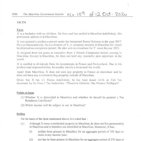 Document preview: TR 274 — Document, Mauritius (CERFA n°TR274)