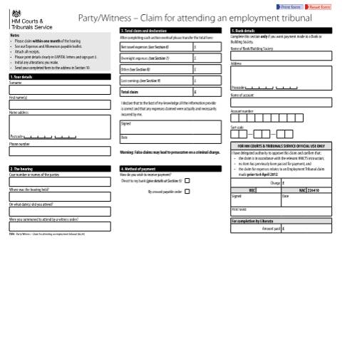 Document preview: Party or witness claim for attending an employment tribunal: Form TSF4 — HM Courts & Tribunals Service, United Kingdom