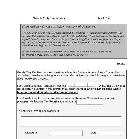 Document preview: Goods Only Declaration — Department of Transport, Ireland