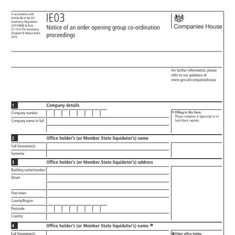 Document preview: Give notice of an order opening group co-ordination proceedings (IE03) — Companies House, United Kingdom