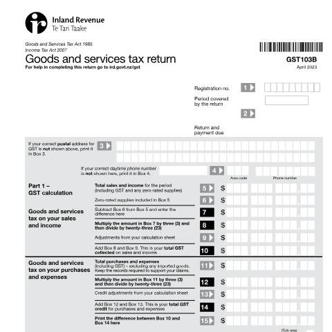 Document preview: Goods and services tax and provisional tax return — GST (goods and services tax), New Zealand (CERFA n°GST103B)