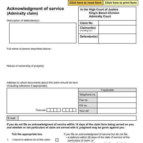 Document preview: Acknowledgment of service (Admiralty claim): Form ADM2 — HM Courts & Tribunals Service, United Kingdom