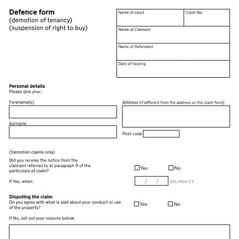 Document preview: Form N11D: Defence form (Demotion of tenancy) (Suspension of right to buy) — HM Courts & Tribunals Service, United Kingdom