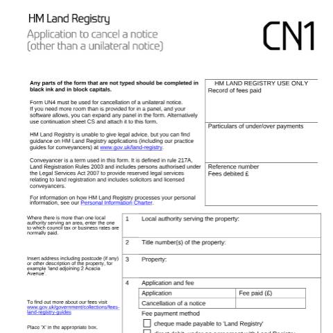 Document preview: Notice: cancellation (CN1) — HM Land Registry, United Kingdom