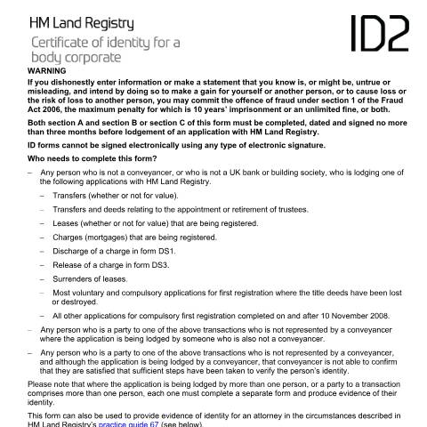 Document preview: Verify identity: corporate body (ID2) — HM Land Registry, United Kingdom