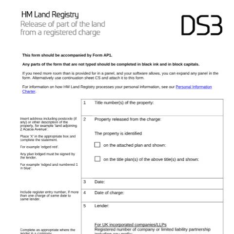 Document preview: Mortgage: Release of part of the land for lenders (DS3) — HM Land Registry, United Kingdom