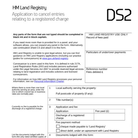 Document preview: Cancel entries relating to a charge: registration (DS2) — HM Land Registry, United Kingdom