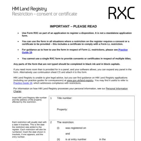 Document preview: Restriction: consent or certificate (RXC) — HM Land Registry, United Kingdom