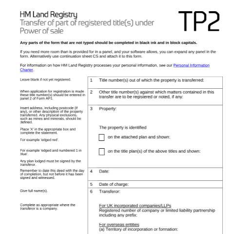 Document preview: Registered title(s) under power of sale: part transfer (TP2) — HM Land Registry, United Kingdom