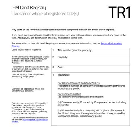 Document preview: Registered title(s): whole transfer (TR1) — HM Land Registry, United Kingdom