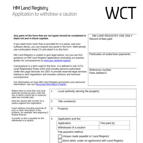 Document preview: Withdraw a caution: application (WCT) — HM Land Registry, United Kingdom