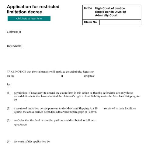 Document preview: Application for restricted limitation decree: Form ADM17 — HM Courts & Tribunals Service, United Kingdom