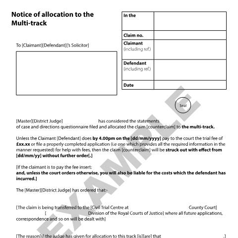 Document preview: Form N155: Notice of Allocation to multi-track — HM Courts & Tribunals Service, United Kingdom