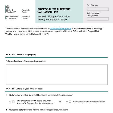 Document preview: Houses in Multiple Occupation (HMOs) proposal form — HM Revenue & Customs, Valuation Office Agency, United Kingdom