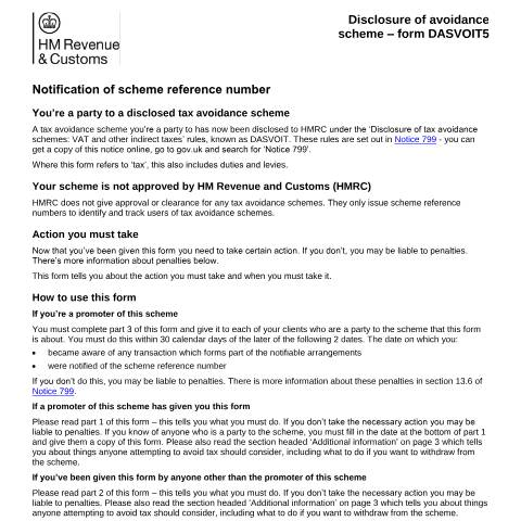 Document preview: Tax avoidance: tell the indirect tax scheme user the scheme reference number (DASVOIT5) — HM Revenue & Customs, United Kingdom