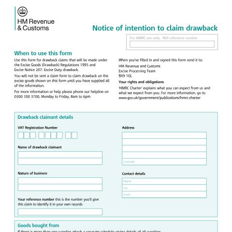 Document preview: Excise movements: notice of intention to claim drawback (EX75) — HM Revenue & Customs, United Kingdom