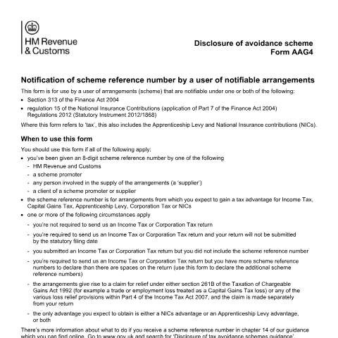 Document preview: Tell HMRC your tax avoidance scheme reference number — HM Revenue & Customs, United Kingdom