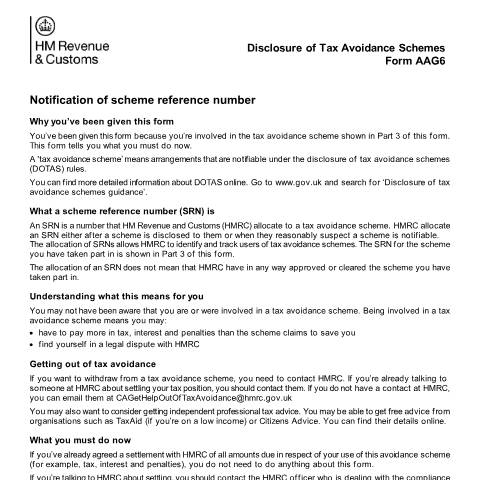 Document preview: Tax avoidance schemes: notification of scheme reference number (AAG6) — HM Revenue & Customs, United Kingdom