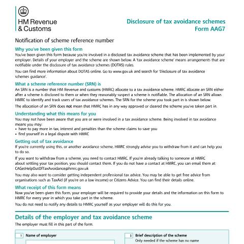 Document preview: Tax Avoidance schemes: employers providing a Scheme Reference Number to an employee (AAG7) — HM Revenue & Customs, United Kingdom