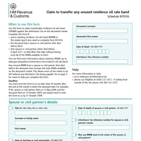 Document preview: Claim transferable residence nil rate band (IHT436) — HM Revenue & Customs, United Kingdom