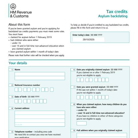 Document preview: Tax credits: apply to backdate payments if you're an asylum seeker (TC-DB3) — HM Revenue & Customs, United Kingdom