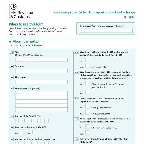 Document preview: Tell HMRC about an exit charge on assets in a trust (IHT100c) — HM Revenue & Customs, United Kingdom
