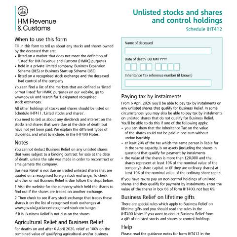 Document preview: Inheritance Tax: unlisted stocks and shares and control holdings (IHT412) — HM Revenue & Customs, United Kingdom