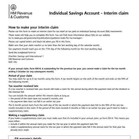 Document preview: Tax on savings: Individual Savings Accounts interim claim (ISA10) — HM Revenue & Customs, United Kingdom