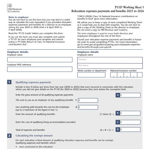 Document preview: PAYE: relocation costs (P11D WS5) — HM Revenue & Customs, United Kingdom